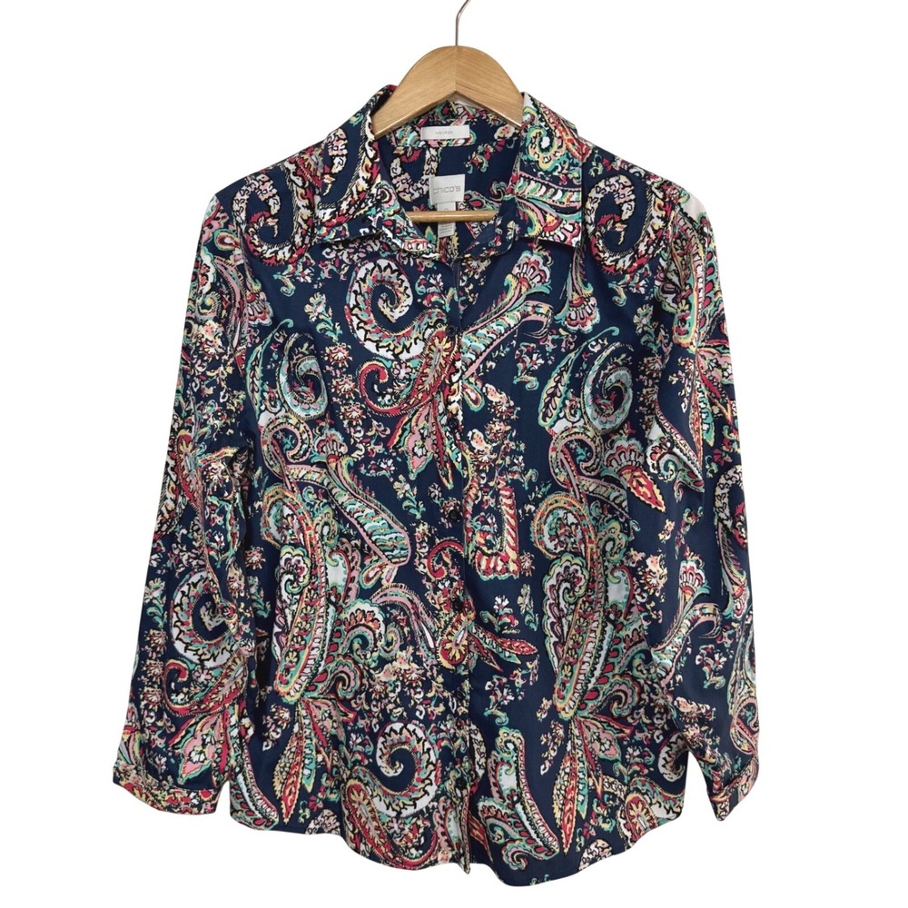 Chico's Paisley Button Front Blouse No‎ Iron Size 2 Large Boho Coastal Indie Top